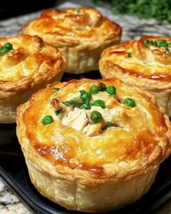 These bite-sized wonders are pure comfort food! Flaky puff pastry cups filled with creamy chicken, peas, and carrots – it's like a party in your mouth. Perfect for a cozy night in or a fun get-together
