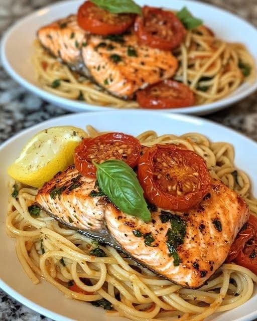 Lemon Basil Salmon with Roasted Tomato Pasta