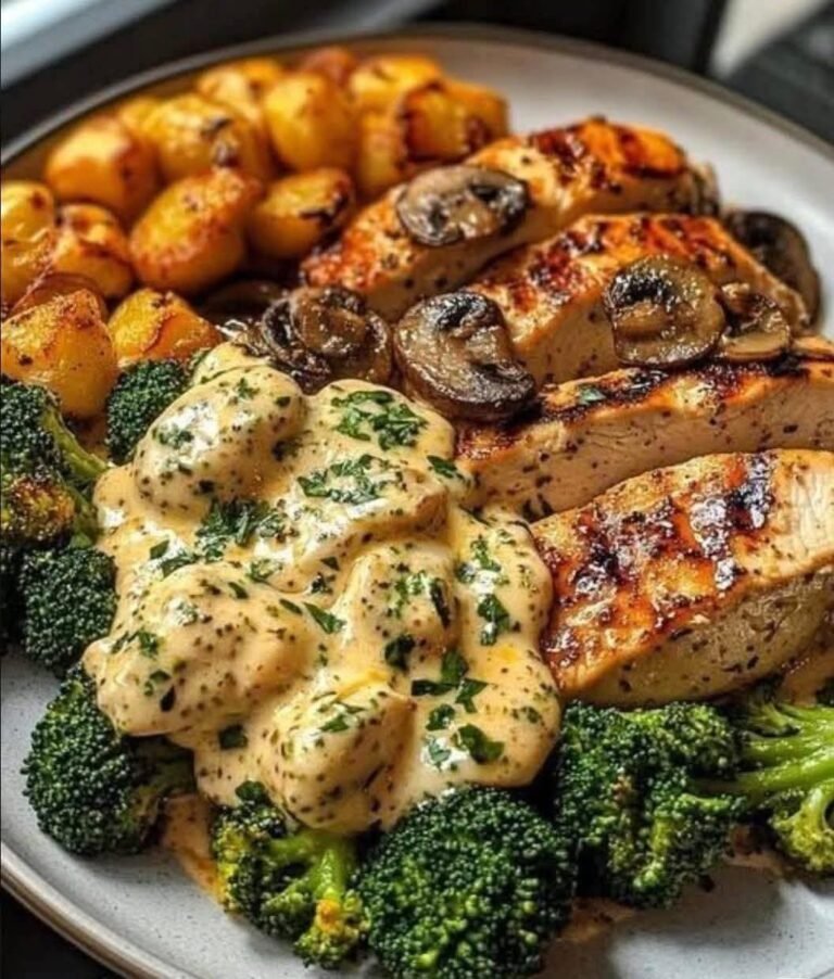 Tuscan Garlic Chicken with Cheesy Roasted Red Pepper Mushroom Pesto & Roasted Potatoes
