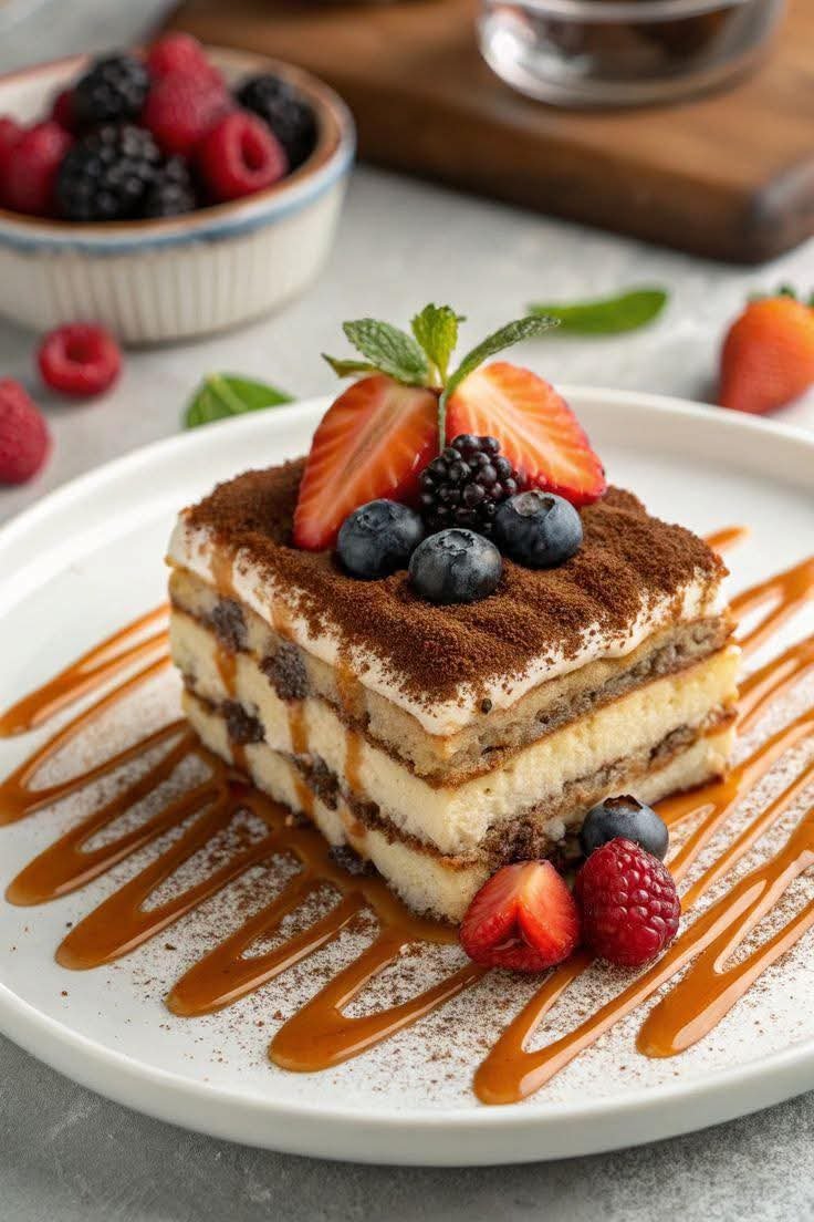 Classic Tiramisu with Fresh Berries and Caramel Drizzle