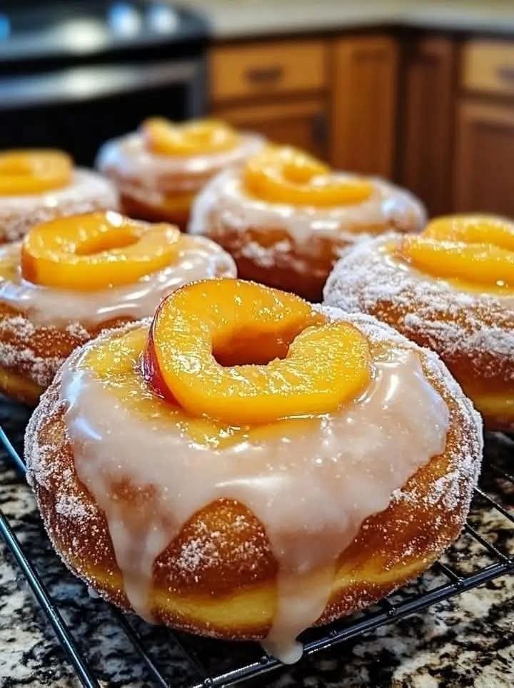 Oversized Peach Cobbler Cheesecake Donuts with Vanilla Glaze