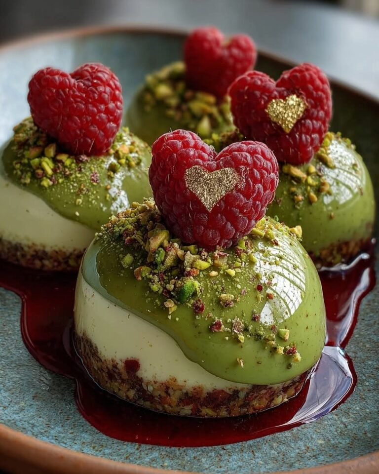 Luxurious Pistachio Cheesecake Domes with Raspberry Heart & Glossy Green Glaze