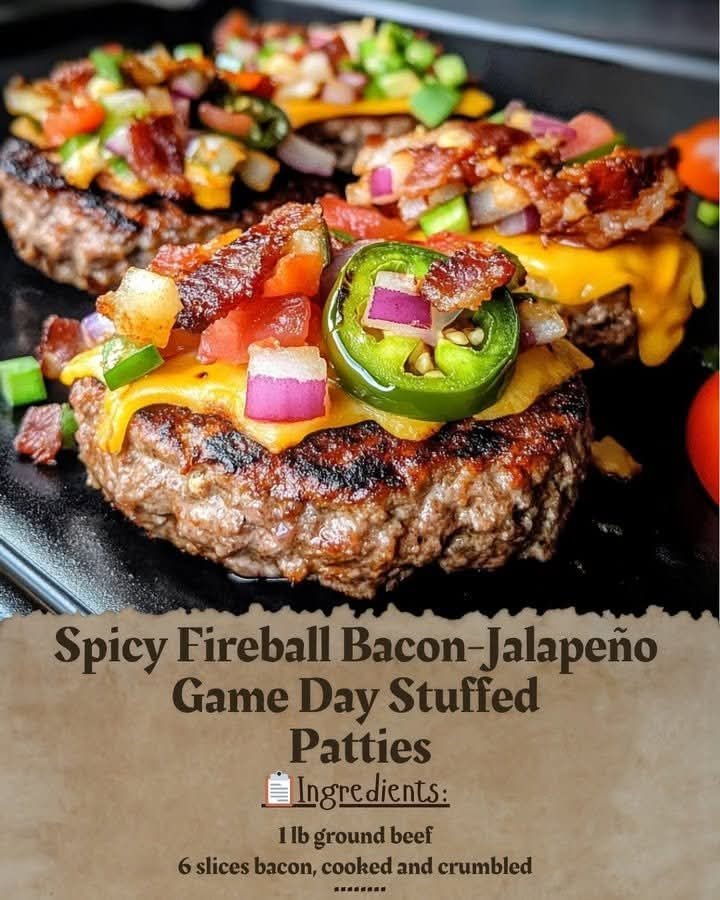 Spicy Fireball Bacon-Jalapeño Game Day Stuffed Patties These Spicy Fireball Bacon-Jalapeño Stuffed Patties are bold,